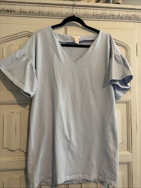 H&M Light Blue Midi Dress with Ruffled Short Sleeves